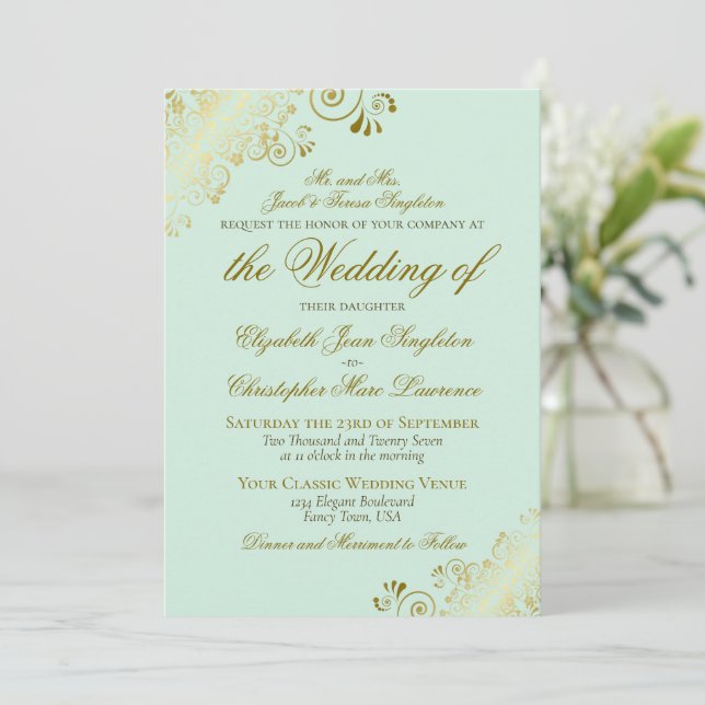 Invitation Elégant Mint Green & Gold Classic Mariage formel (Debout devant)