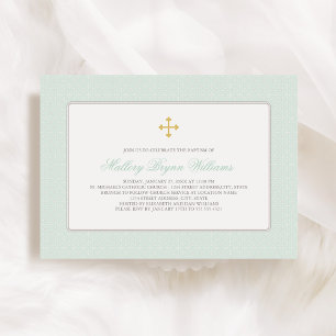 Invitation Elégant Mint or Croix verte Motif Baby Baptism
