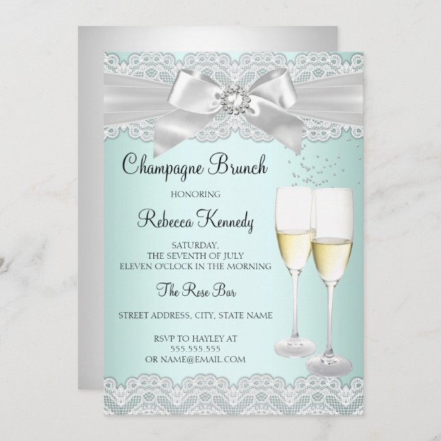 Invitation Elégant Mint White Lace Champagne Brunch Invitatio (Devant / Derrière)