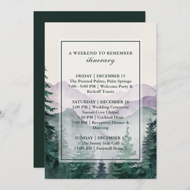 Invitation Elegant Misty Mountain Forest Itinerary Card (Devant / Derrière)