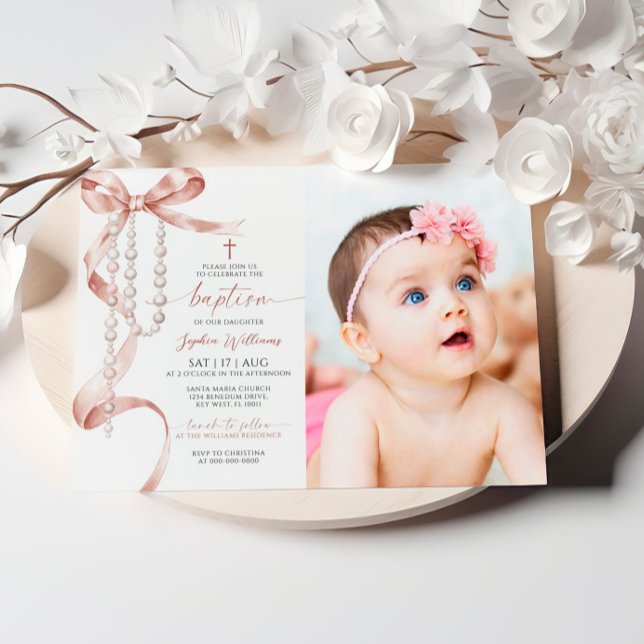 Invitation Élégant Mocha Bow & Rosary Photo Baptême (Créateur téléchargé)