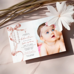 Invitation Élégant Mocha Bow & Rosary Photo Dedication