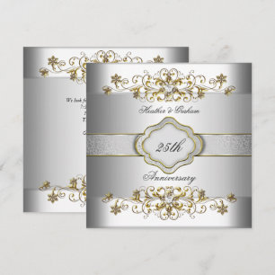Invitation Elégant modèle argent or blanc 25e anniversaire