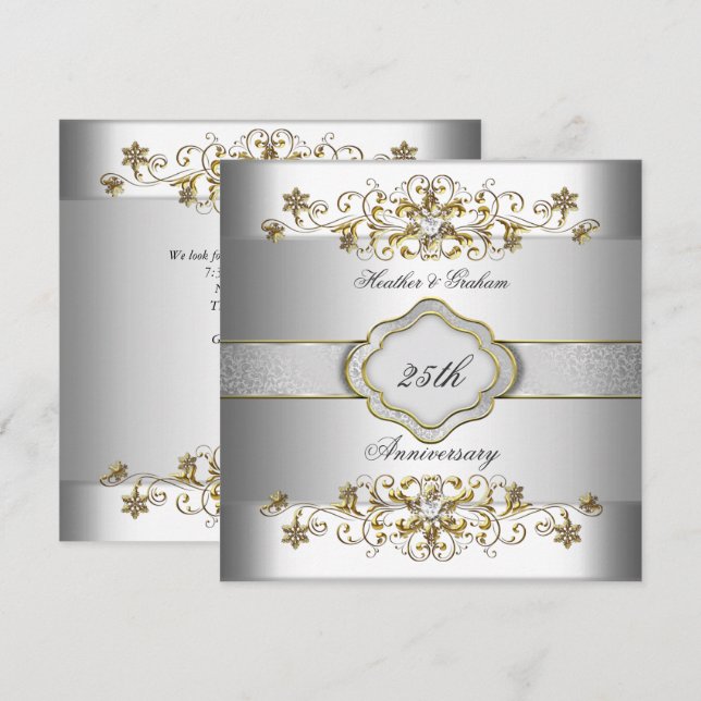 Invitation Elégant modèle argent or blanc 25e anniversaire (Devant / Derrière)