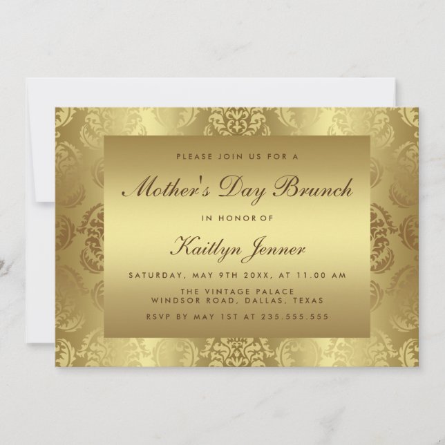 Invitation Elégant modèle de damas doré pour la fête des mère (Devant)