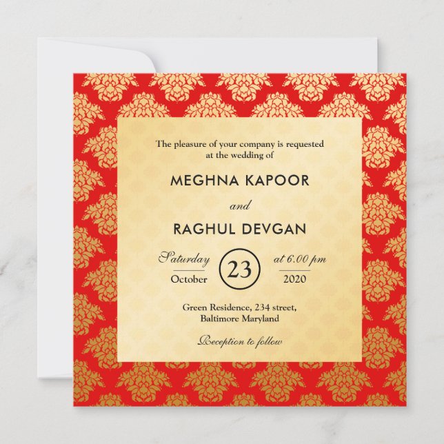 Invitation Elégant modèle rouge or Damask Mariage indien (Devant)