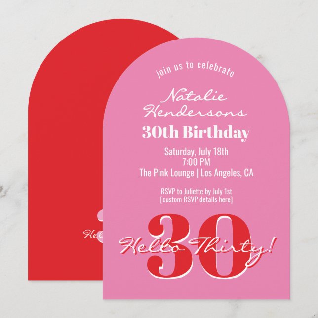 Invitation Elegant Modern 30th Birthday Pink Red Typography (Devant / Derrière)