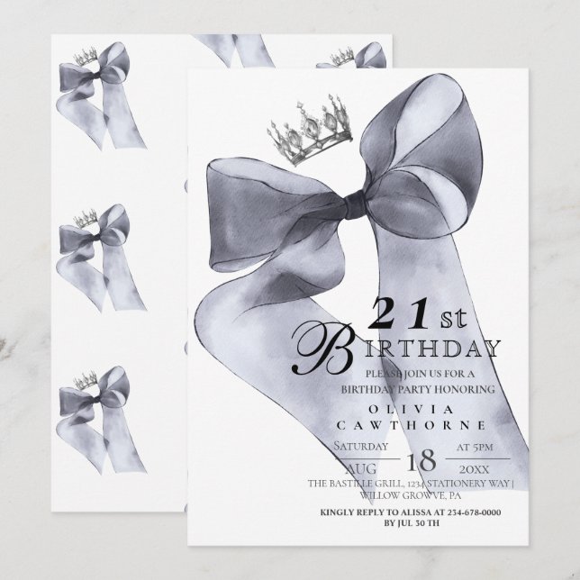 Invitation Elegant Modern Black Bow Birthday Party  (Devant / Derrière)