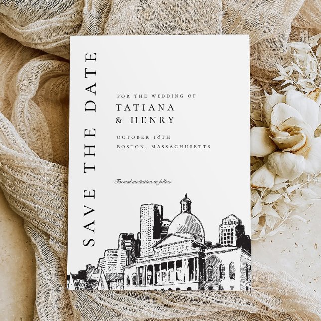 Invitation Elégant Modern Boston croquis mariage Enregistrer  (Créateur téléchargé)