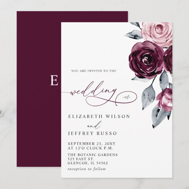 Invitation Elegant Modern Burgundy Floral Wedding (Devant / Derrière)