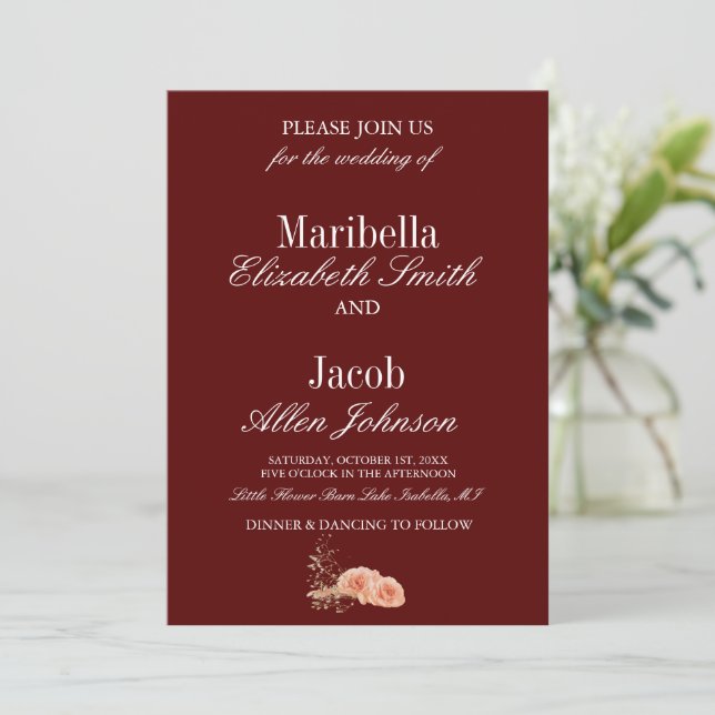 Invitation Elegant Modern Burgundy & White Rose Wedding  (Debout devant)