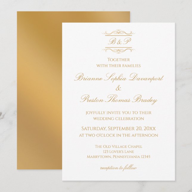Invitation Elegant Modern Gold & White Monogram Wedding (Devant / Derrière)