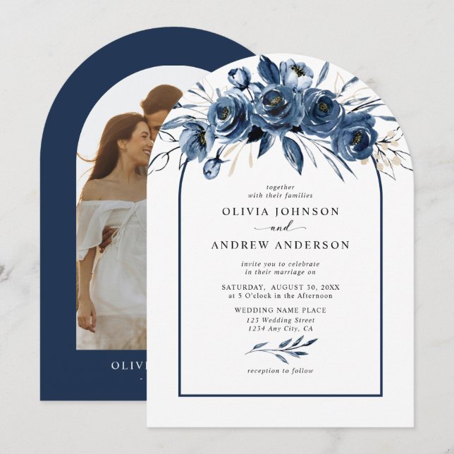 Invitation Elegant Modern Navy Blue Floral Arch Photo Wedding (Devant / Derrière)