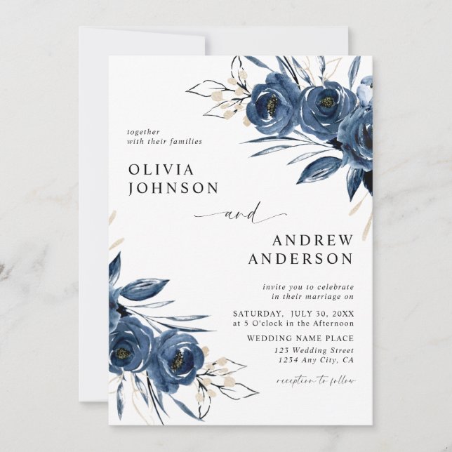 Invitation Elegant Modern Navy Blue Floral Wedding (Devant)