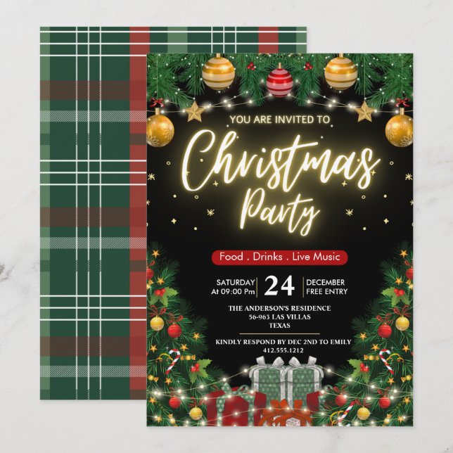 Invitation Elegant Modern Plaid Green Christmas Party  (Devant / Derrière)