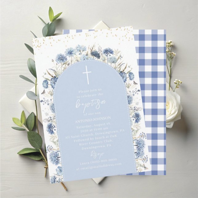 Invitation Elegant Modern Watercolor Blue Flowers Baptism (Créateur téléchargé)