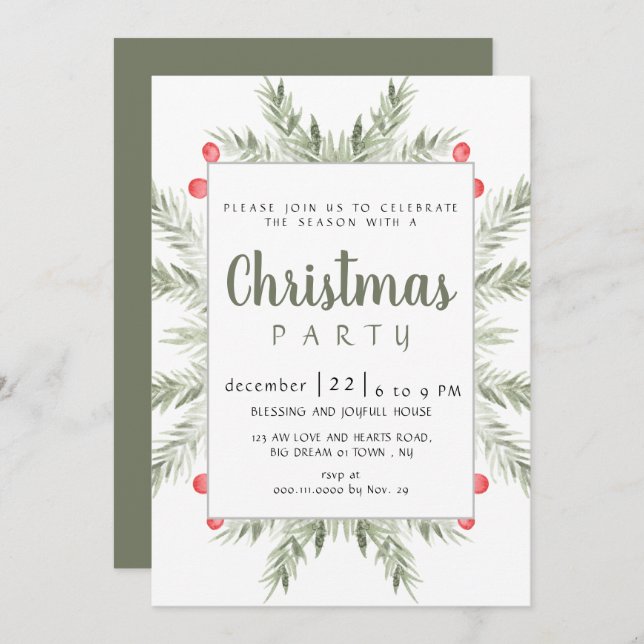 Invitation Elegant Modern Winter Greenery Christmas Party (Devant / Derrière)