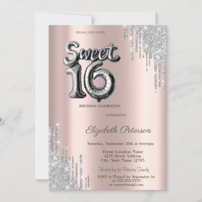 Invitation Élégant Moderne Ballon Silver Drips Sweet 16 (Devant)