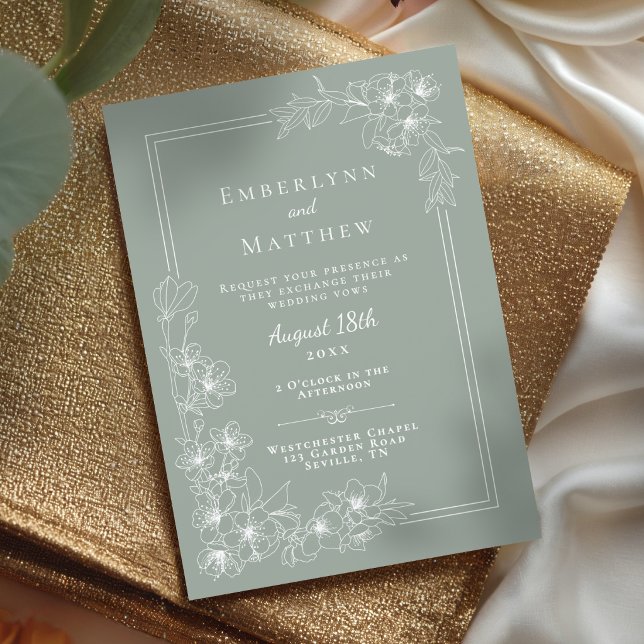 Invitation Élégant Moderne Botanique Vert Sauge Mariage (Elegant Modern Botanical Sage Green Wedding Invitation)