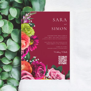 Invitation élégant moderne code QR floral bordeaux mariage