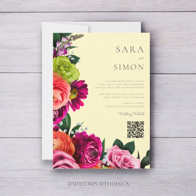 Invitation élégant moderne code QR mariage floral (modern wedding website qr code vibrant florals wedidng invitation )