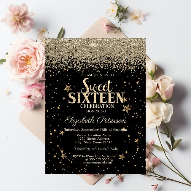 Invitation Élégant Moderne Diamants Or Etoiles Black Sweet 16 (Créateur téléchargé)