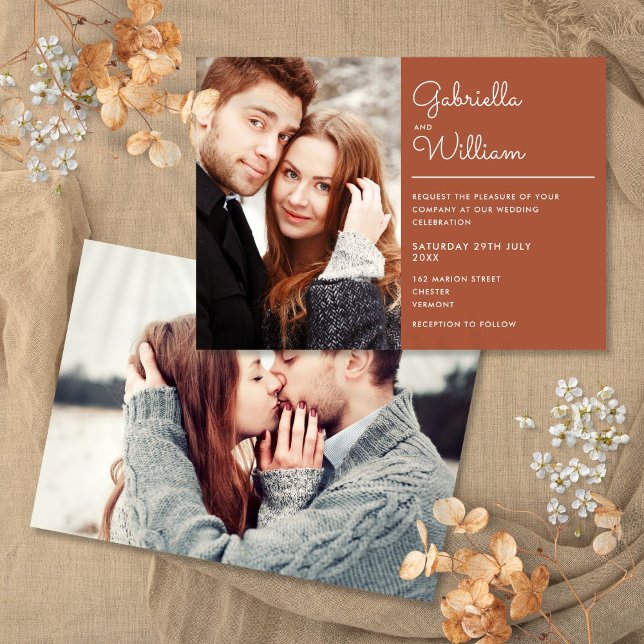 Invitation Élégant Moderne Écriture Terre Cuite 2 Photo Maria (Modern Elegant Script Terracotta 2 Photo Wedding Invitation)