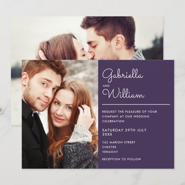 Invitation Élégant Moderne Écriture Violet 2 Photo Mariage (Devant / Derrière)