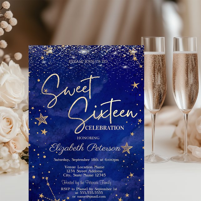 Invitation Élégant Moderne Étoiles Dorées Bleu Sweet 16 (Créateur téléchargé)