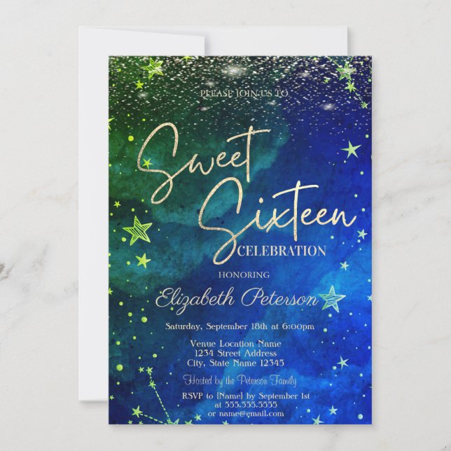 Invitation Élégant Moderne Étoiles Dorées Bleu Vert Sweet 16 (Devant)