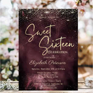 Invitation Élégant Moderne Étoiles Dorées Bourgogne Sweet 16