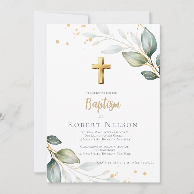 Invitation Élégant Moderne Eucalyptus Or Baptême Christening (Devant)