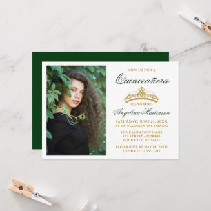 Invitation Elégant moderne Gold Crown Photo Green Quinceanera