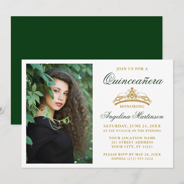 Invitation Elégant moderne Gold Crown Photo Green Quinceanera (Devant / Derrière)