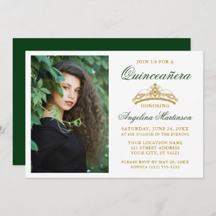 Invitation Elégant moderne Gold Crown Photo Green Quinceanera
