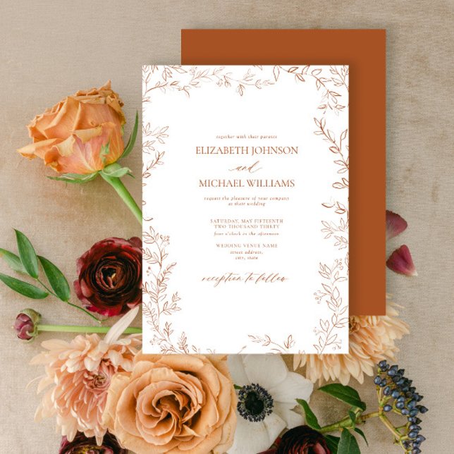 Invitation Élégant Moderne Léger Feuille Brûlé Mariage orange (Créateur téléchargé)