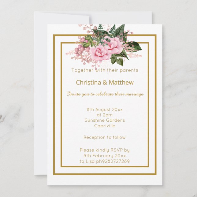 INVITATION ÉLÉGANT MODERNE MARIAGE FLORAL OR BLANC (Devant)