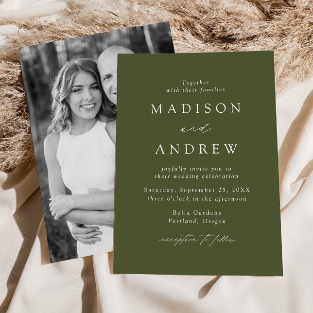 Invitation Élégant Moderne Mariage Photo en Vert Olive (Créateur téléchargé)