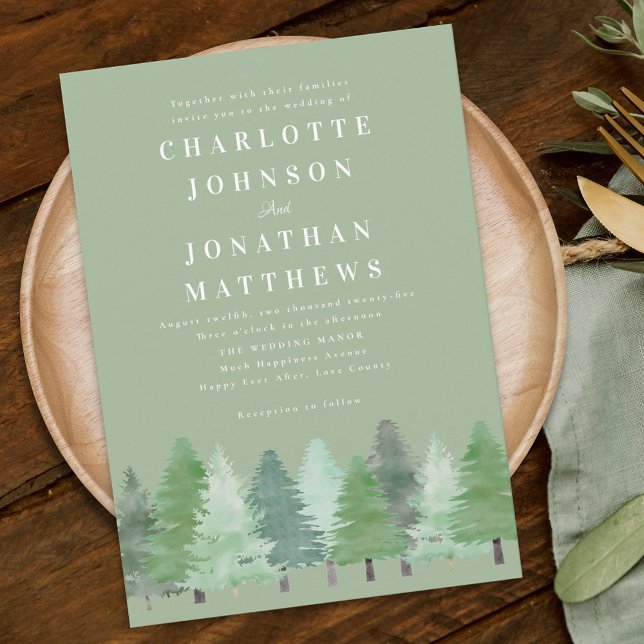 Invitation Élégant Moderne Mariage Vert Sauge Forêt Boisée (Modern watercolor Woodland evergreen forest sage green wedding invitation elegant typography)