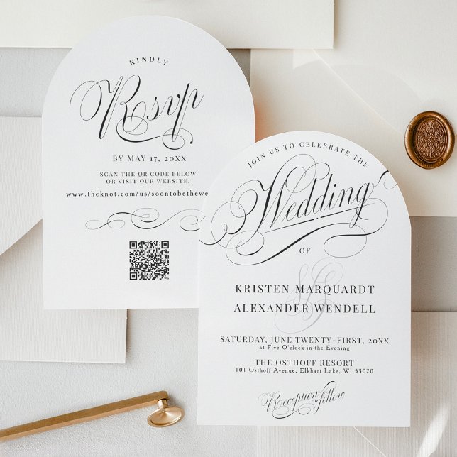 Invitation Élégant moderne noir & blanc Mariage simple arc (Elegant simple minimalist script typography classic ivory and black QR code rsvp wedding invitation)