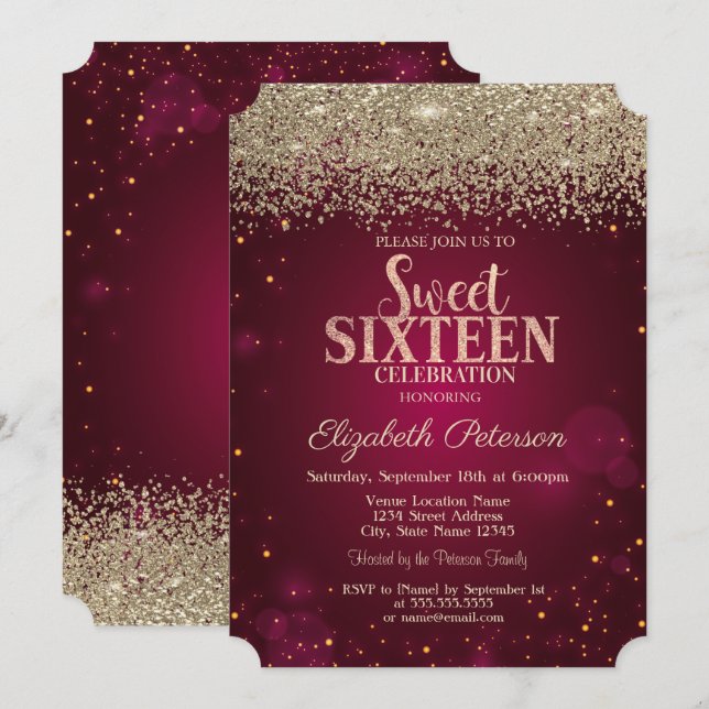 Invitation Élégant Moderne Or Diamants Rouge Sweet 16 (Devant / Derrière)