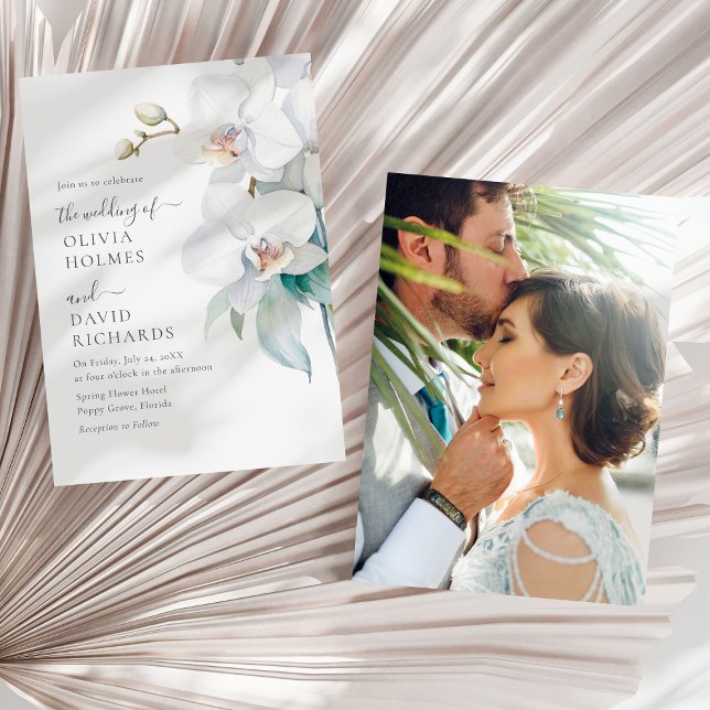 Invitation Elégant moderne Orchidée blanche Photo de mariage  (Modern Elegant White Orchid Photo Wedding Invite on a sunny white dry palm leaf.)