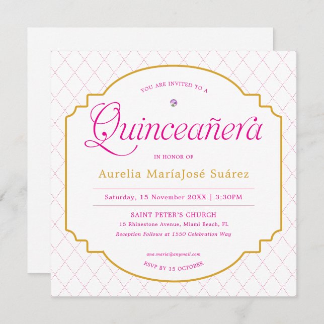 Invitation Elégant moderne rose or Quinceañera (Devant / Derrière)