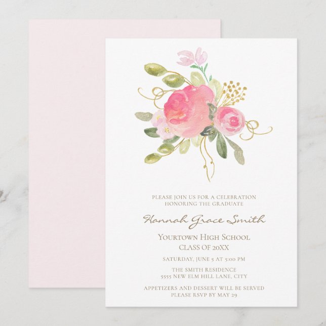 Invitation Élégant Moderne Rose Pâle Or Floral Remise de Dipl (Devant / Derrière)