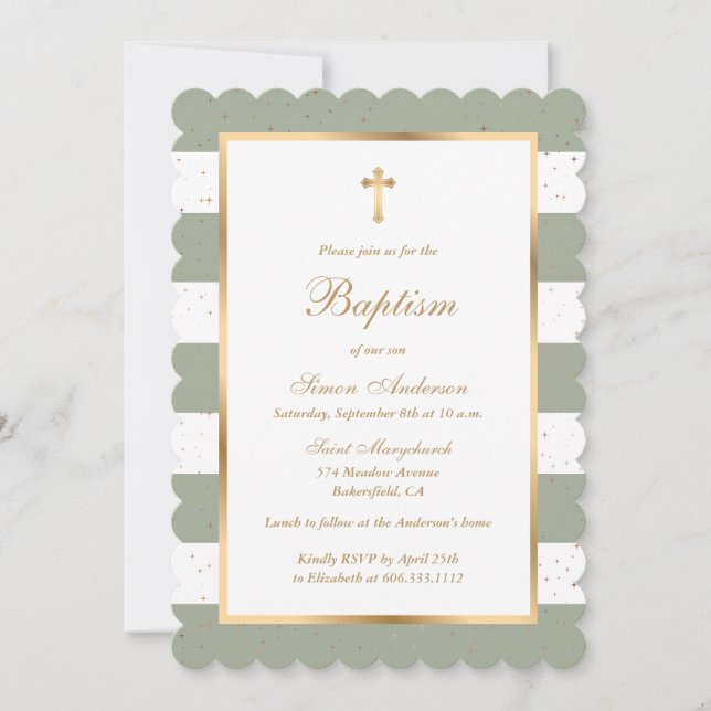 Invitation Élégant moderne Sage Green Gold Baptême (Devant)