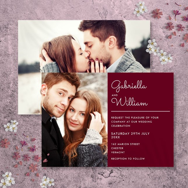Invitation Élégant Moderne Script Bordeaux 2 Photo Mariage (Modern Elegant Script Burgundy 2 Photo Wedding Invitation)