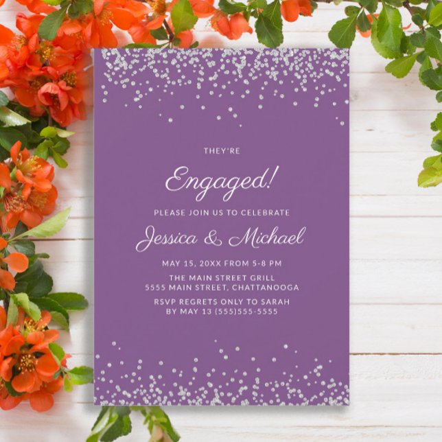 Invitation Élégant Moderne Violet Argent Paillettes Fiançaill (Purple engagement party invitation with silver glitter)