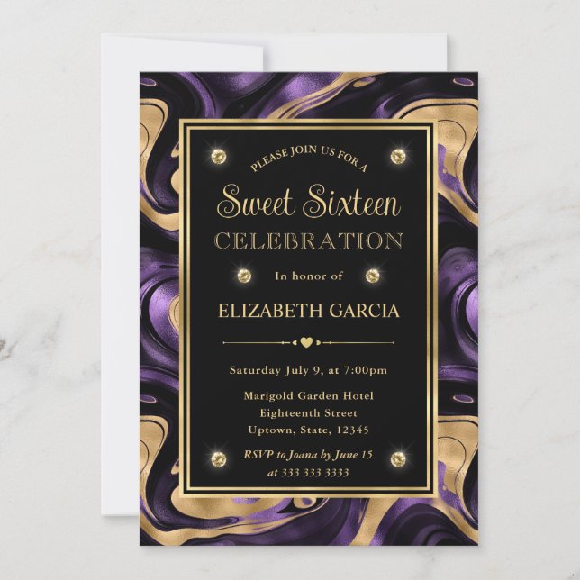 Invitation Élégant Molten Purple et Gold Foil Sweet 16 (Devant)