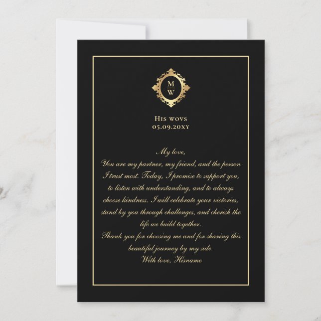 Invitation Elegant Monogram Black Gold Wedding Vow Card (Devant)