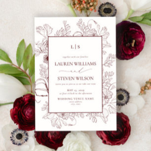 Invitation Élégant Monogram Bourgogne Floral Line Mariage